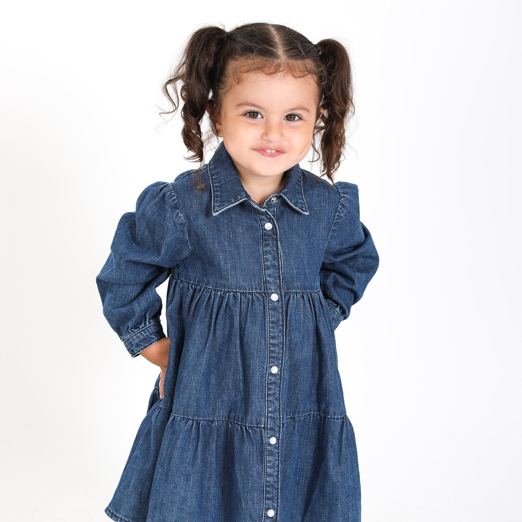 Robe chemise en jeans b b boutonn e avec volant